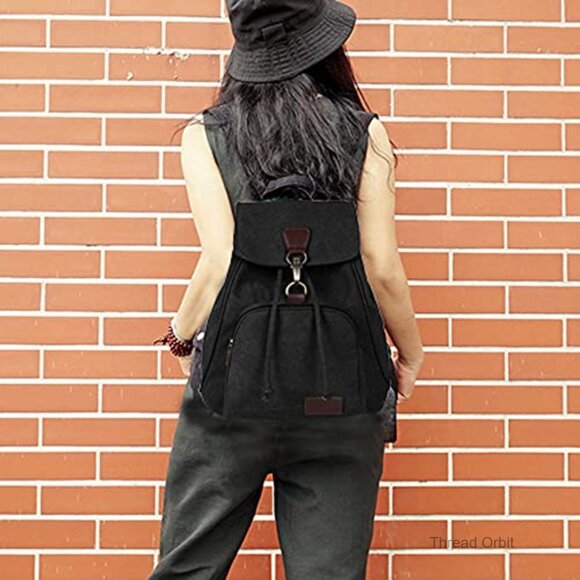 Canvas Backpack Purse with Flap Drawstring, Multi-Pocket Daypack for Women